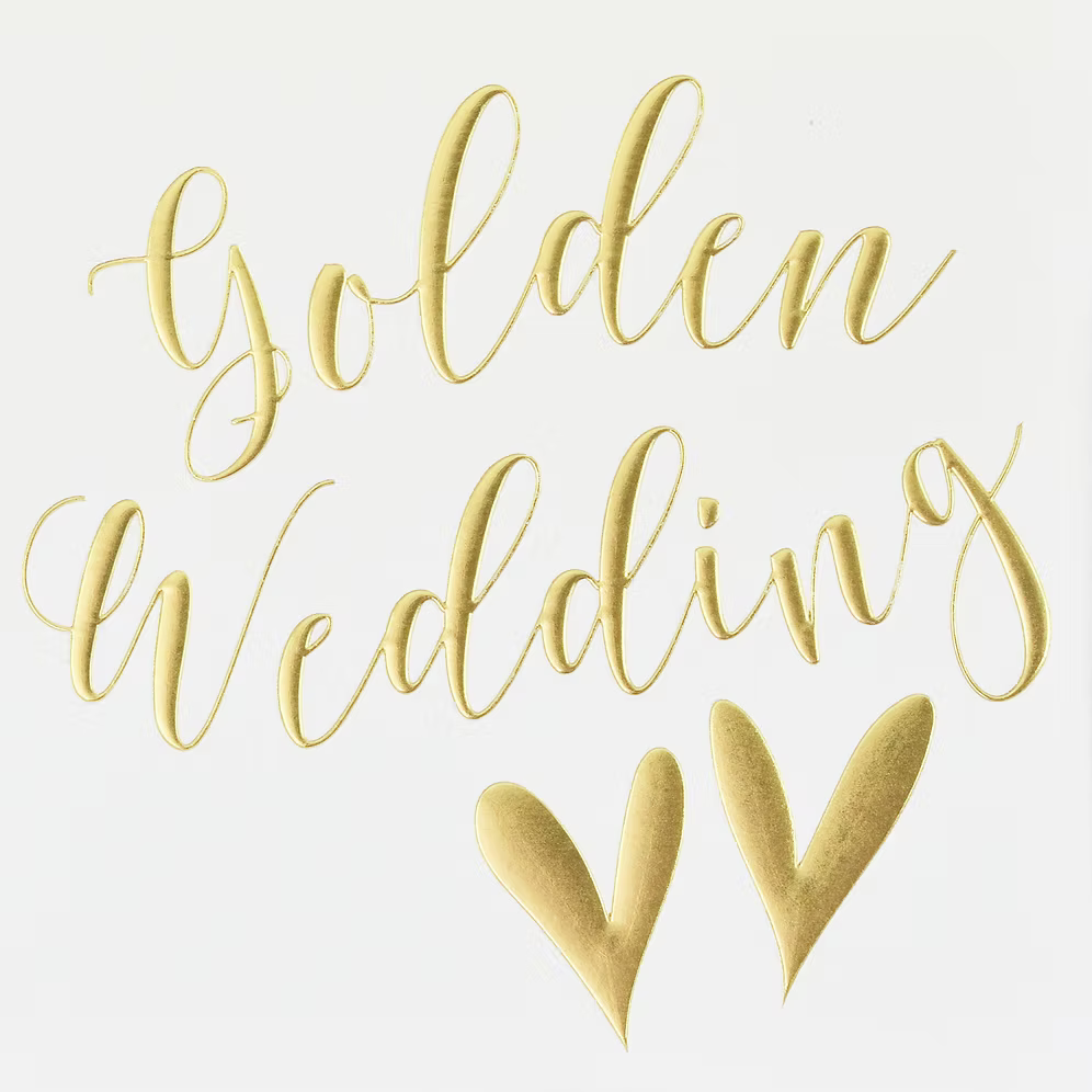 Golden wedding-themed decorative item by Wendy Jones-Blackett for Cornucopia Home and Gift, featuring elegant gold accents.