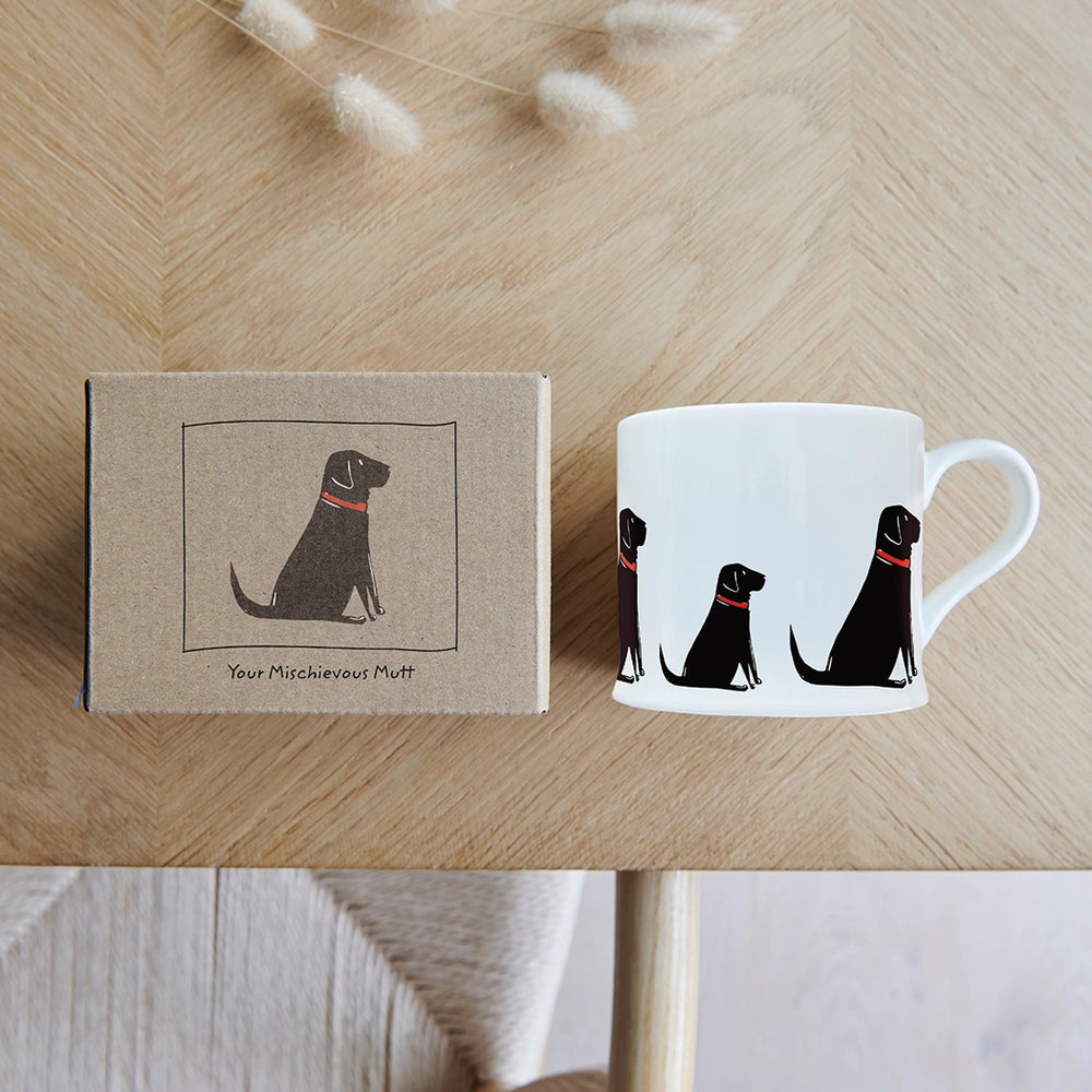 Black Labrador dog mug by Sweet William, featuring a detailed illustration of a Labrador retriever on a ceramic cup.