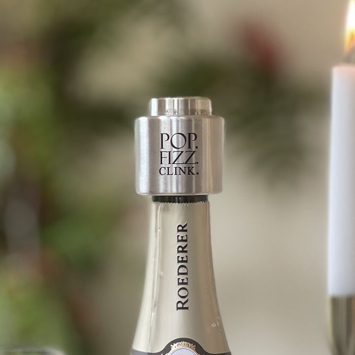 Selbrae House Pop Fizz Clink Prosecco stopper with black rubber seal, designed to preserve champagne and sparkling wine freshness.