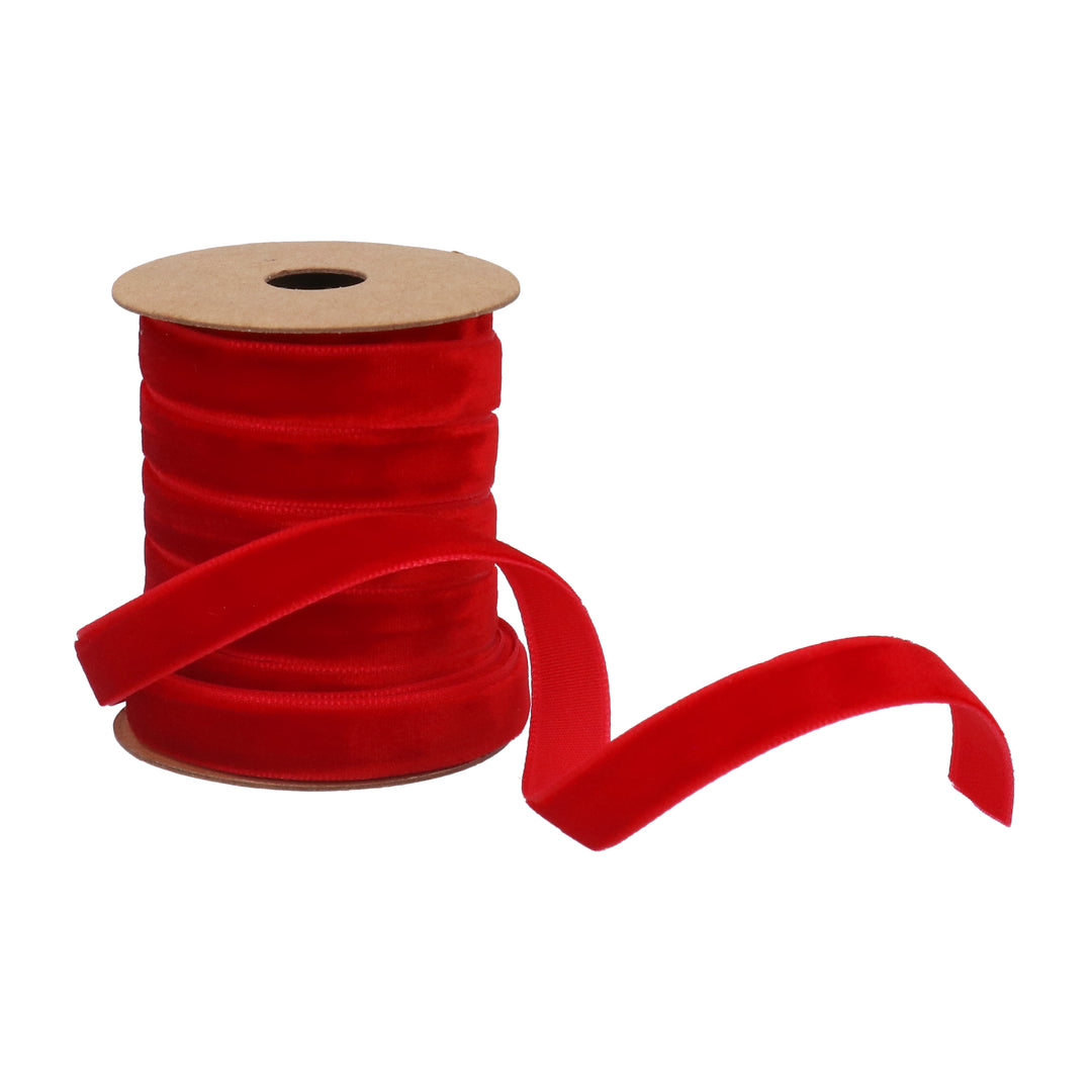 Red velvet thin ribbon, 2 meters long, from Gisela Graham Christmas collection, with a smooth, shiny texture and rich red color.