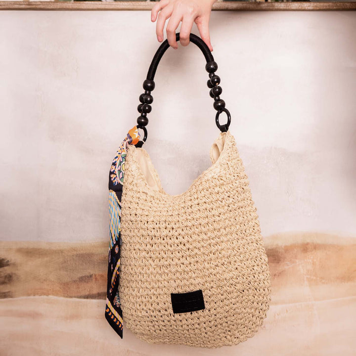 Handmade Straw Beaded Bag Detail Black