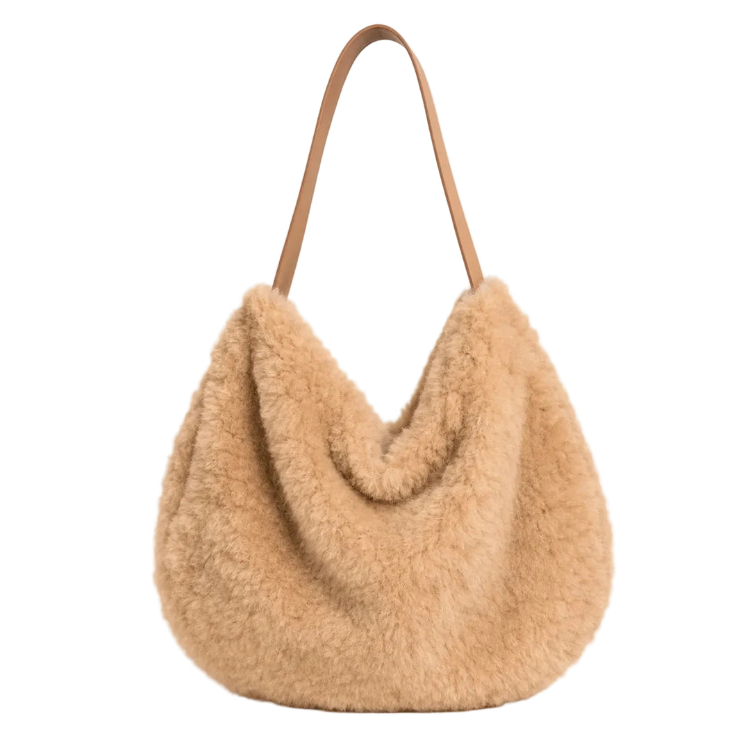 Faux Teddy Fur Slouch Bag - Caramel