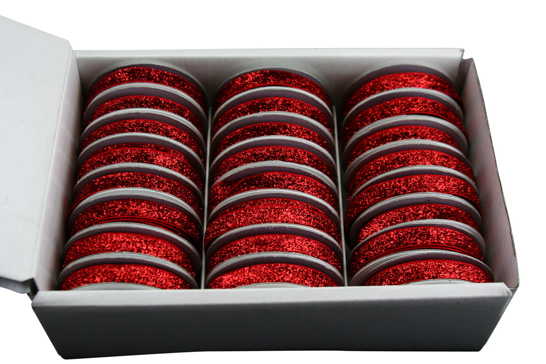 Red Mini Sparkle Ribbon from Gisela Graham Christmas collection, featuring shiny, decorative ribbon suitable for holiday crafts and decor.