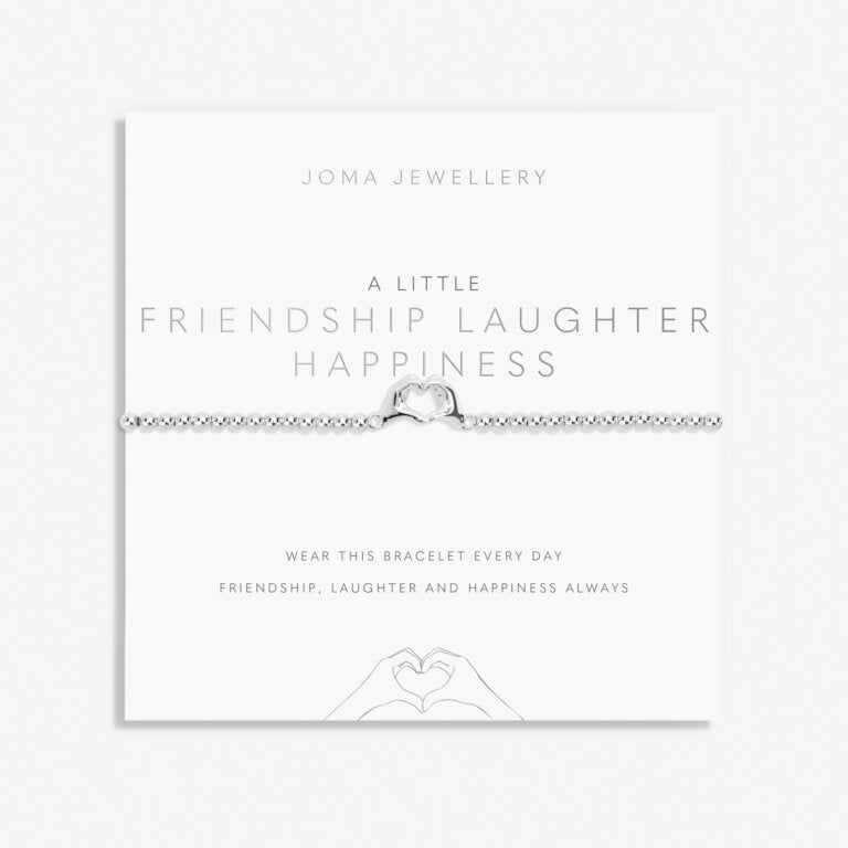 Joma Jewellery friendship bracelet featuring charms with laughter, happiness, and friendship themes, crafted with delicate metal.