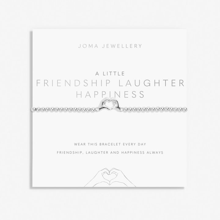 Joma Jewellery friendship bracelet featuring charms with laughter, happiness, and friendship themes, crafted with delicate metal.