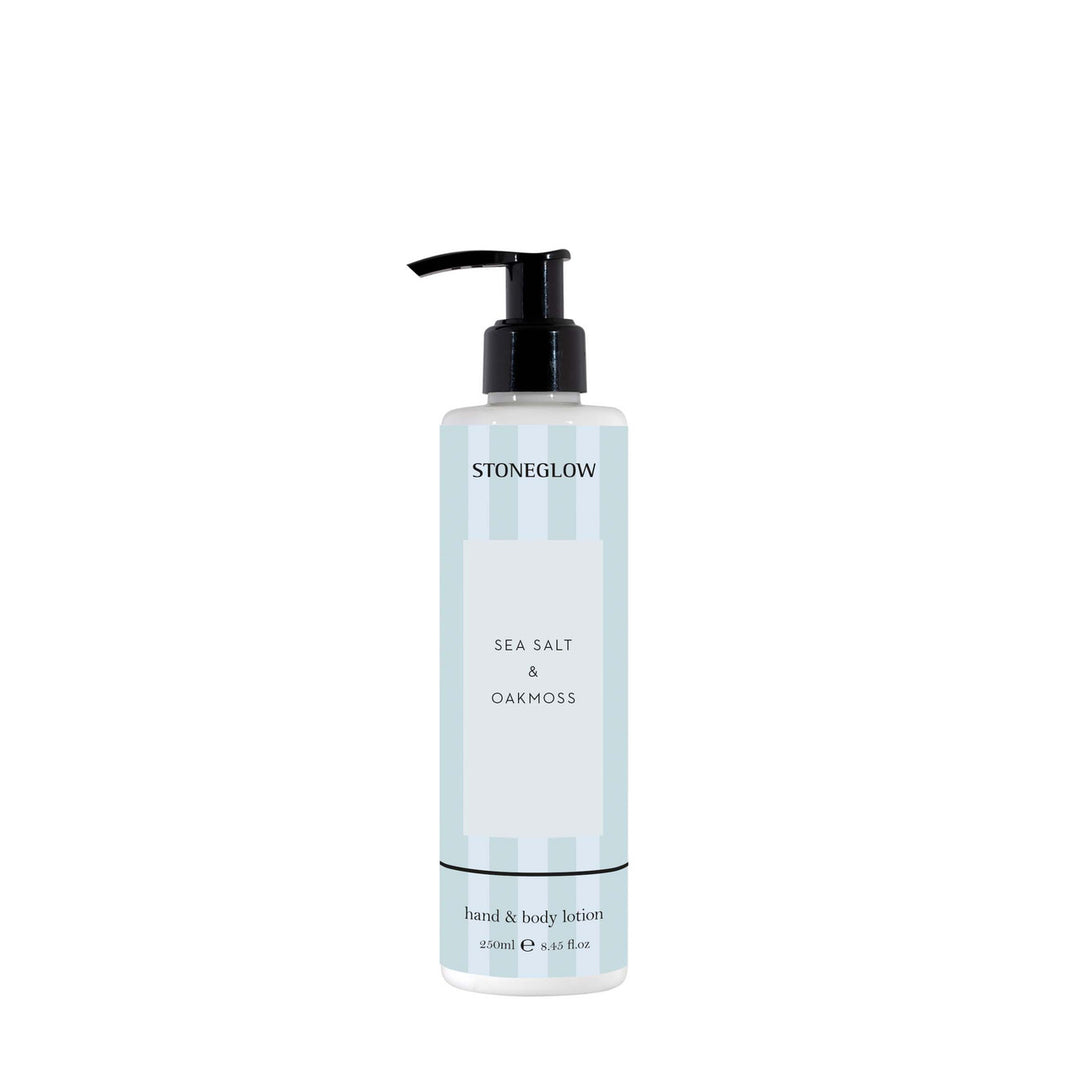 Stoneglow Modern Classics Sea Salt &amp; Oakmoss hand and body lotion in a sleek bottle with elegant packaging.