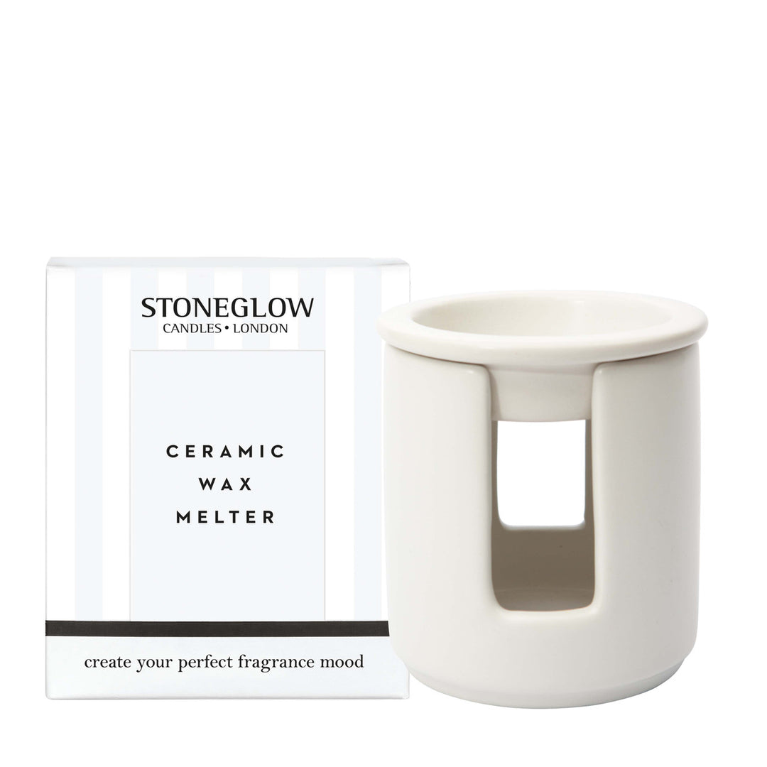 White ceramic wax melter by Stoneglow, designed for melting candles, with a smooth, glossy finish and compact shape.