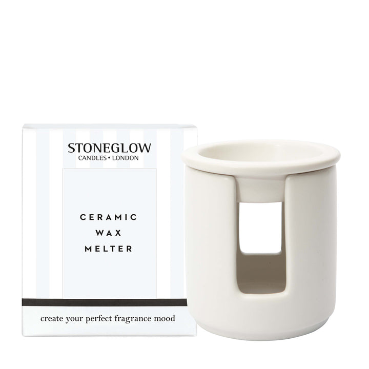 White ceramic wax melter by Stoneglow, designed for melting candles, with a smooth, glossy finish and compact shape.