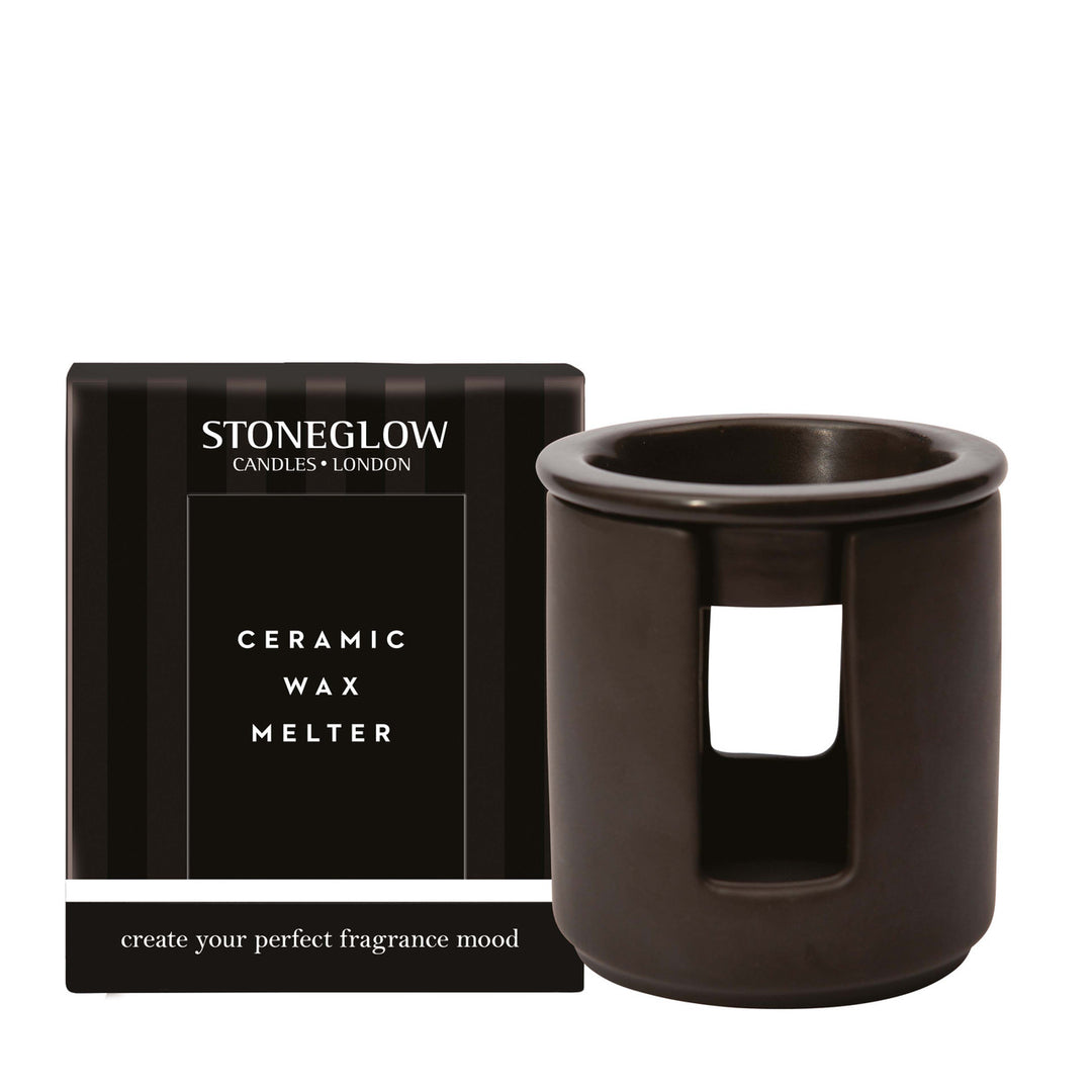 Black ceramic wax melter by Stoneglow, designed for melting scented wax in a stylish Cornucopia Home and Gift decor piece.