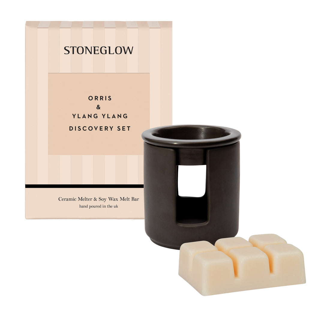 Stoneglow Modern Classics Orris & Ylang Ylang ceramic wax melter with soy wax melt bar in elegant discovery set display.