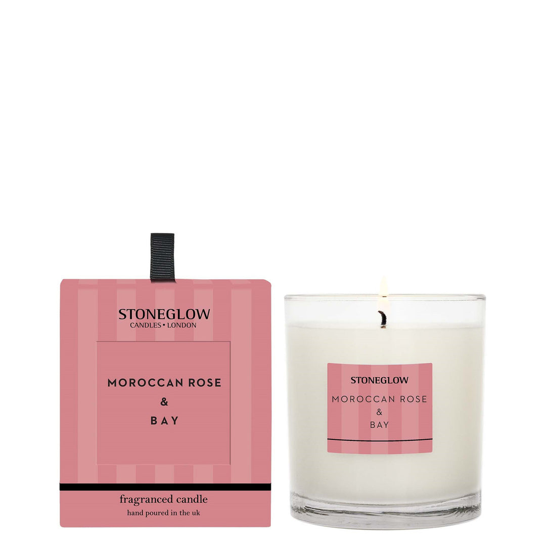 Stoneglow Modern Classics Moroccan Rose and Bay Tumbler Candle with a sleek glass design and floral scent.