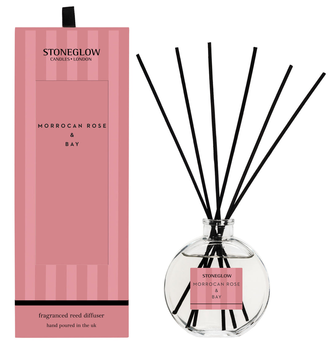 Stoneglow Modern Classics Moroccan Rose and Bay scented reed diffuser with elegant glass bottle and reed sticks.