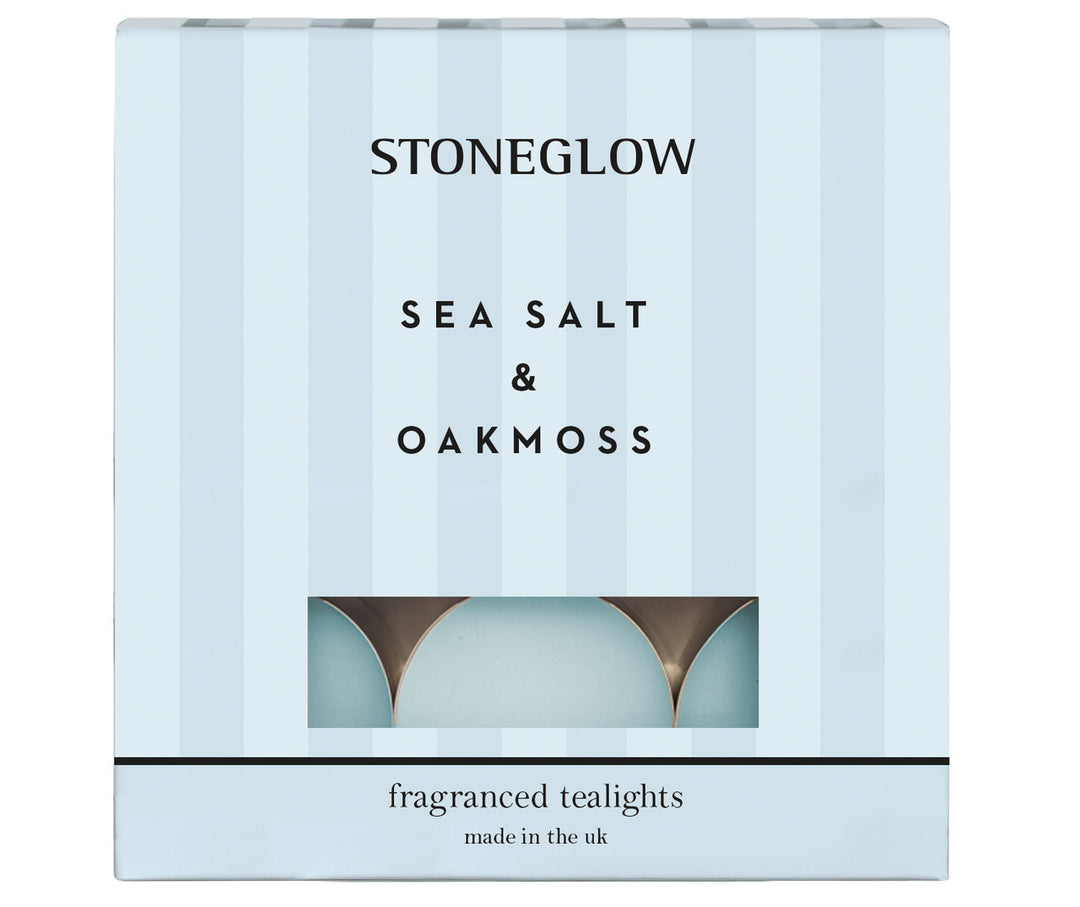 Stoneglow Sea Salt & Oakmoss scented tealights in small glass holders, ideal for creating a calming ambiance.
