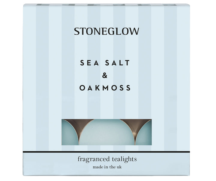 Stoneglow Sea Salt &amp; Oakmoss scented tealights in small glass holders, ideal for creating a calming ambiance.