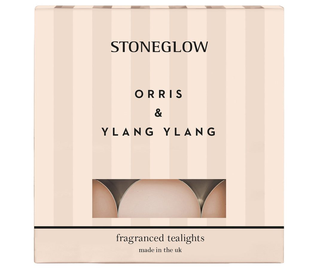 Stoneglow Orris & Ylang Ylang scented tealights in glass holders, perfect for creating a relaxing atmosphere.