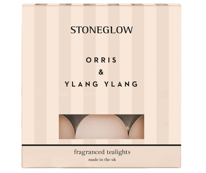 Stoneglow Orris &amp; Ylang Ylang scented tealights in glass holders, perfect for creating a relaxing atmosphere.