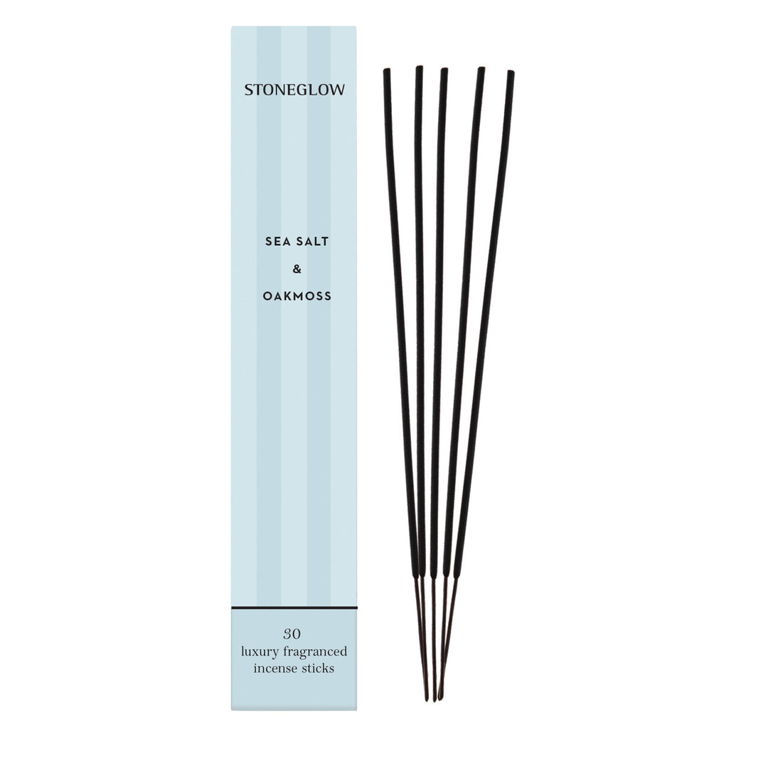 Stoneglow Modern Classics Sea Salt and Oakmoss incense sticks in a pack of 30, with earthy scent and natural beige sticks.