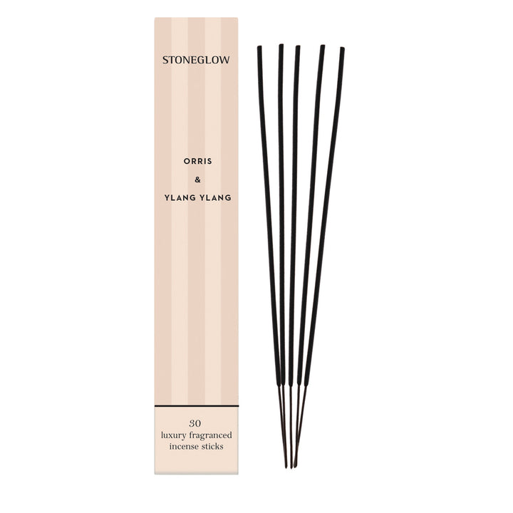 Stoneglow Modern Classics Orris and Ylang Ylang incense sticks in a pack of 30, with floral fragrance and natural wooden packaging.
