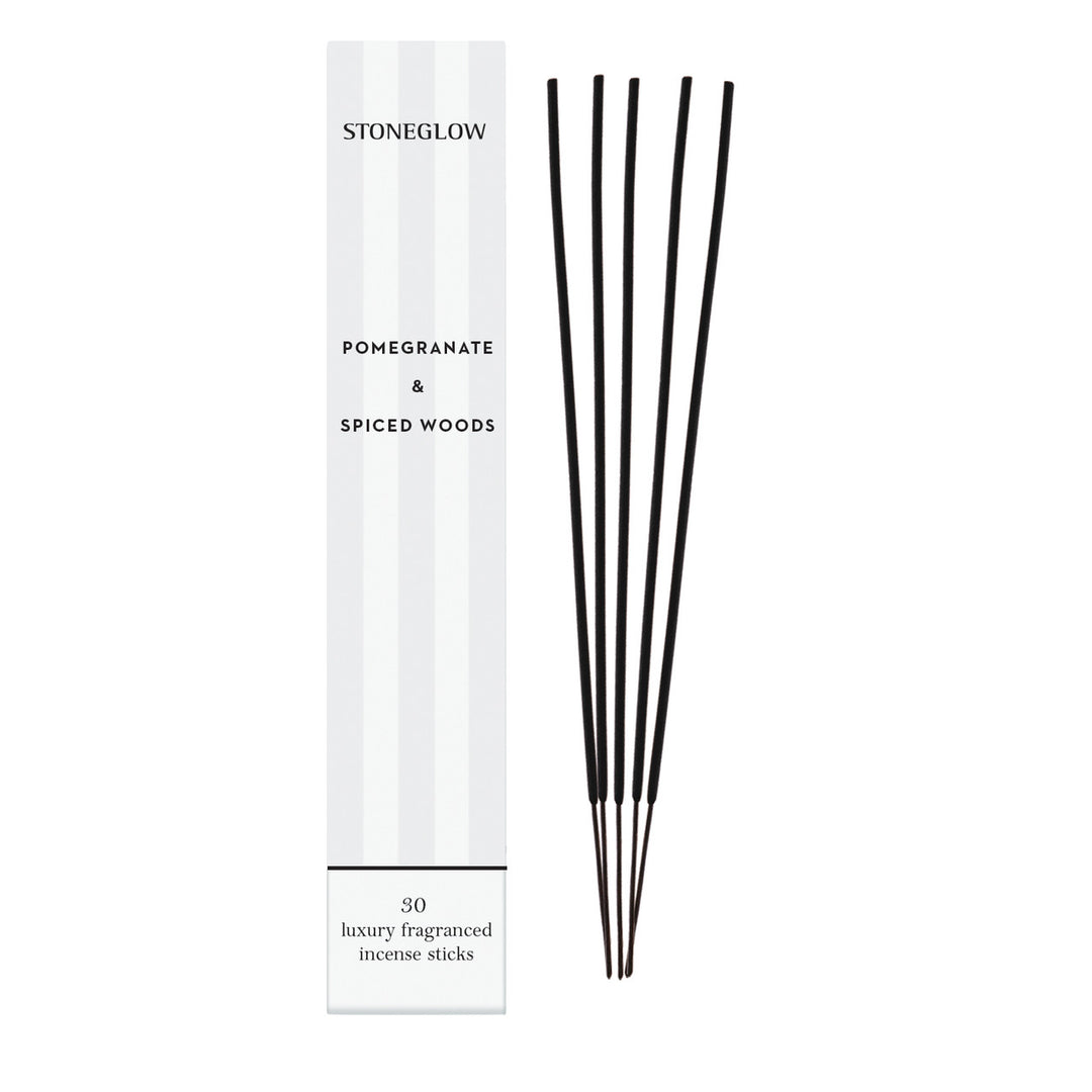 Stoneglow Modern Classics Pomegranate and Spiced Woods incense sticks pack of 30, with fragrant vanilla and warm spice aroma.