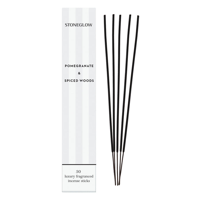 Stoneglow Modern Classics Pomegranate and Spiced Woods incense sticks pack of 30, with fragrant vanilla and warm spice aroma.