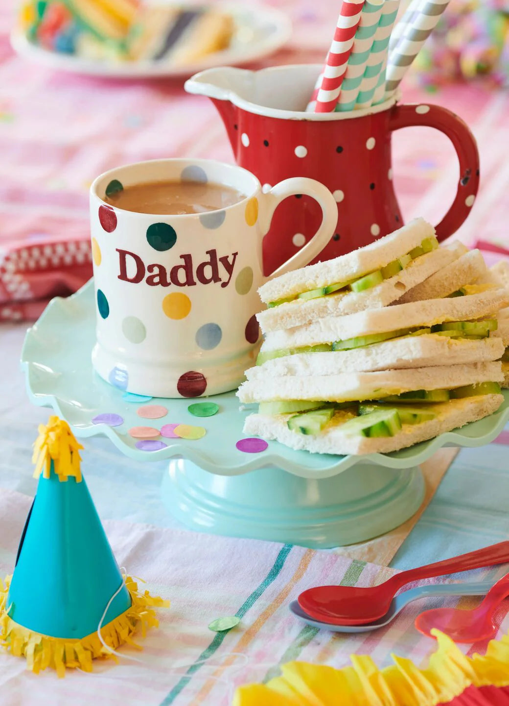 Emma Bridgewater Polka Dot Daddy 1/2 Pint Mug with red and white polka dot design on ceramic mug.