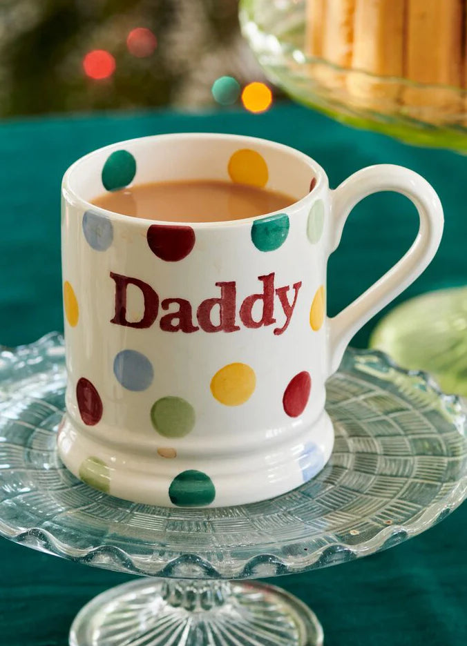 Emma Bridgewater Polka Dot Daddy 1/2 Pint Mug with colorful polka dot design and classic shape, perfect for everyday use.