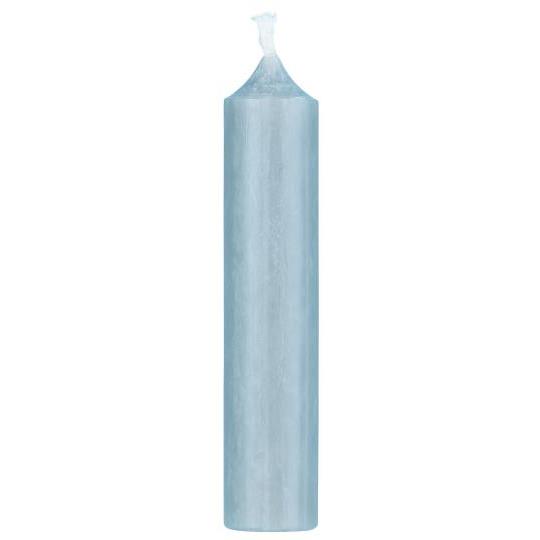 Light blue rustic short dinner candle from IB Laursen, showcased in a cozy home setting with a textured surface.