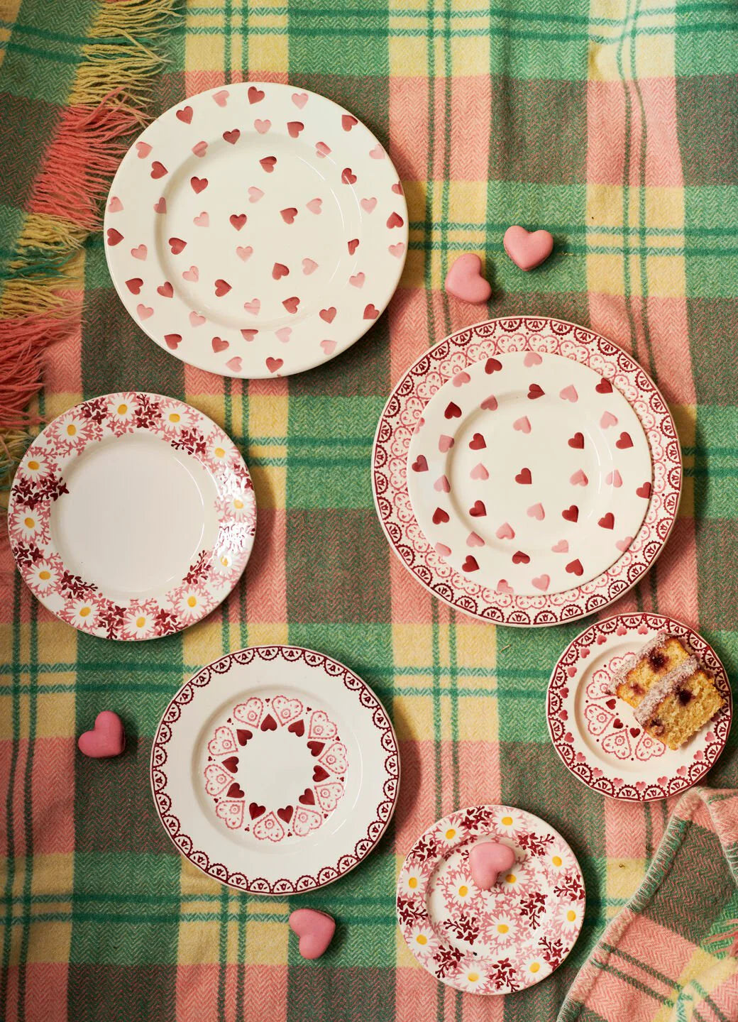 Emma Bridgewater pink hearts 8½ inch ceramic plate with a floral pattern and pink heart designs on a white background.