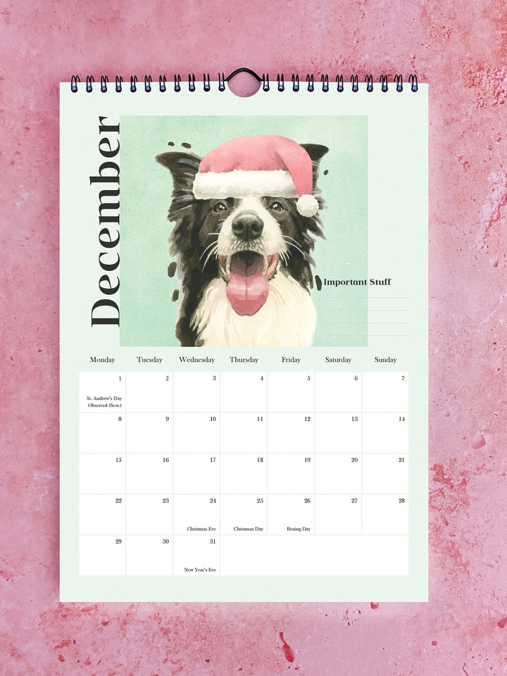 Watercolour calendar featuring playful dog illustrations from Robert James Hull&