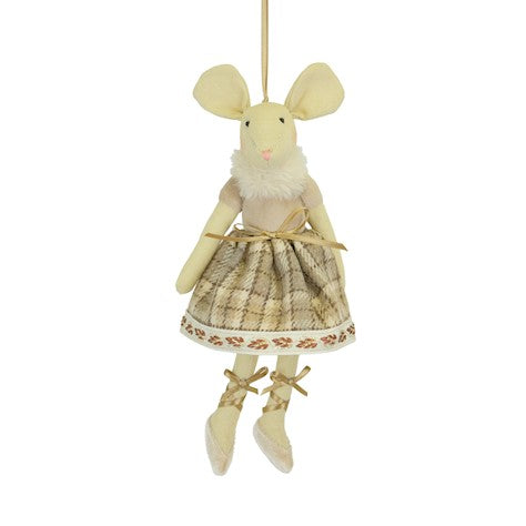 Hanging Christmas mouse in brown tartan dress, part of Ascalon collection by Cornucopia Home and Gift, with festive holiday decor.