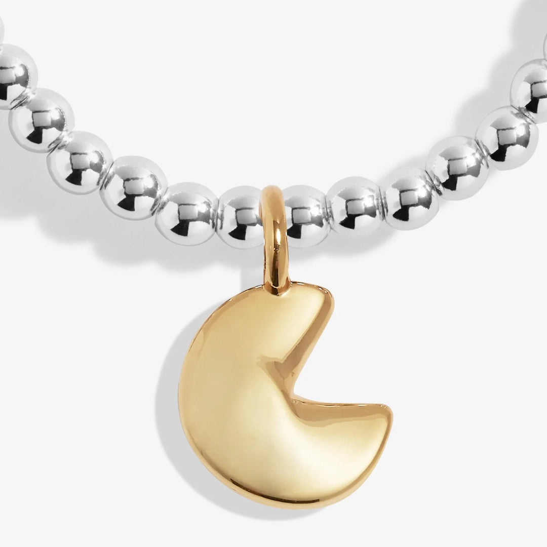 Silver "A Little Good Fortune" bracelet by Joma Jewellery featuring delicate charms, styled on a soft fabric background.