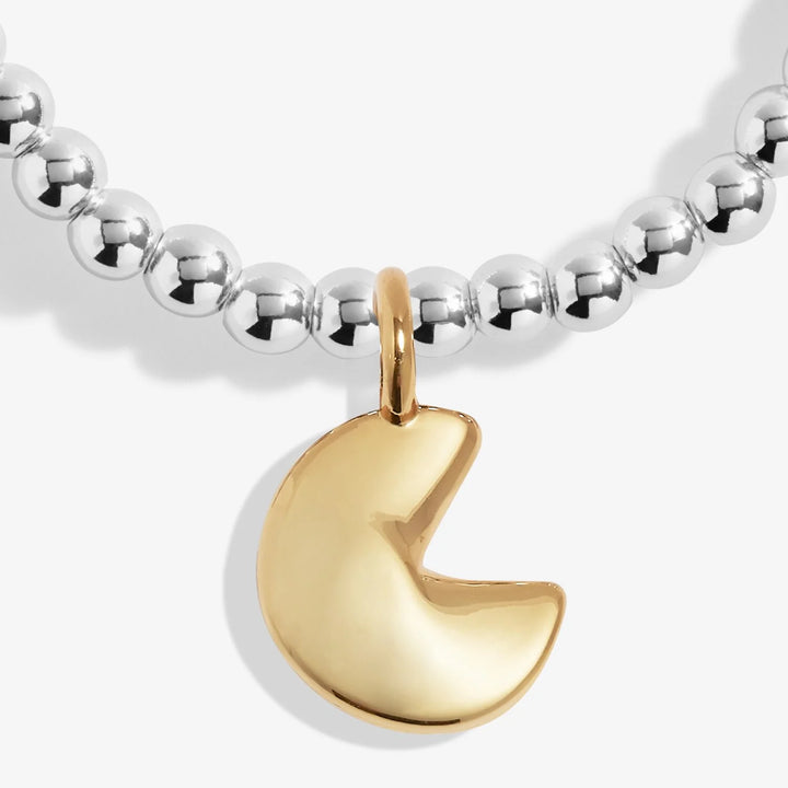 Silver "A Little Good Fortune" bracelet by Joma Jewellery featuring delicate charms, styled on a soft fabric background.