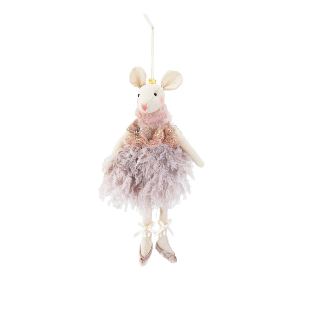Plush mouse toy with a pink dress on a white background
