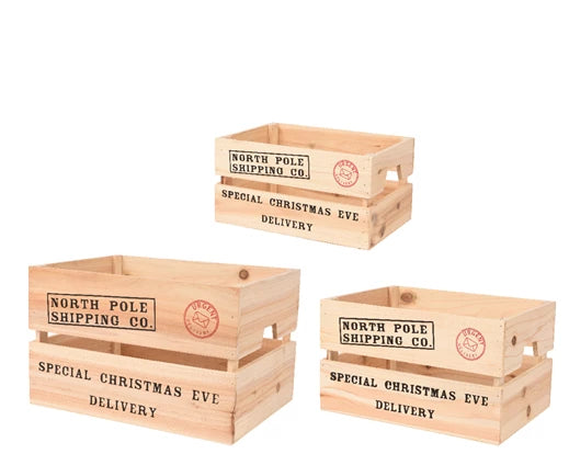 Set of three Christmas Eve pinewood boxes by KAEMINGK, featuring rustic festive designs for holiday gift or decoration use.
