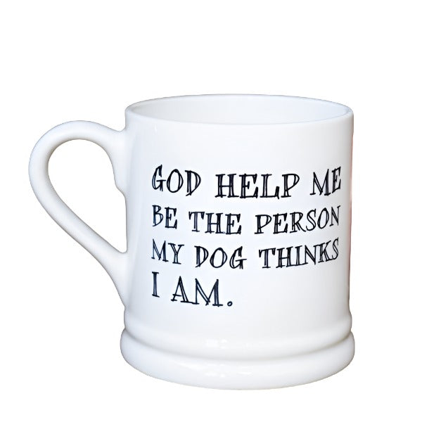 Sweet William God Help Me Slogan Mug by Cornucopia Home and Gift featuring humorous text on a ceramic coffee mug.