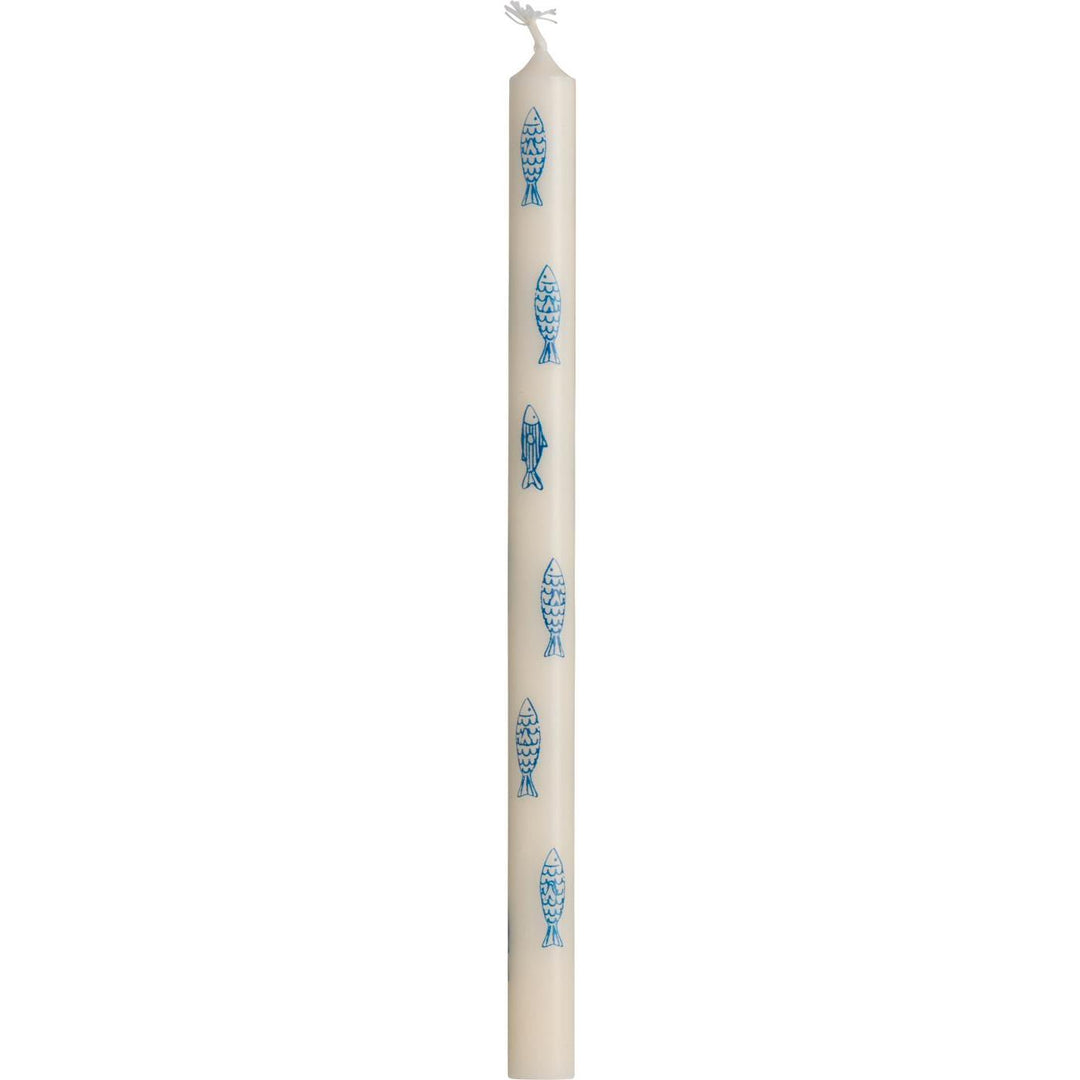 Blue fish taper candle from IB Laursen Summer collection, featuring a decorative blue fish design on a white candle.