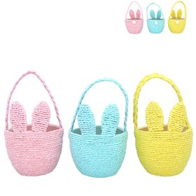 Pink, blue, and yellow bunny ear egg basket from Gisela Graham Easter collection, featuring a charming bunny design for holiday decor.