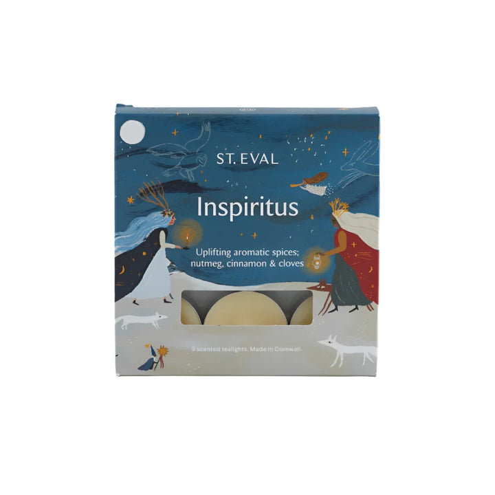 Set of St Eval Inspiritus scented tealights by Cornucopia Home and Gift, with glowing tealight candles in small glass holders.
