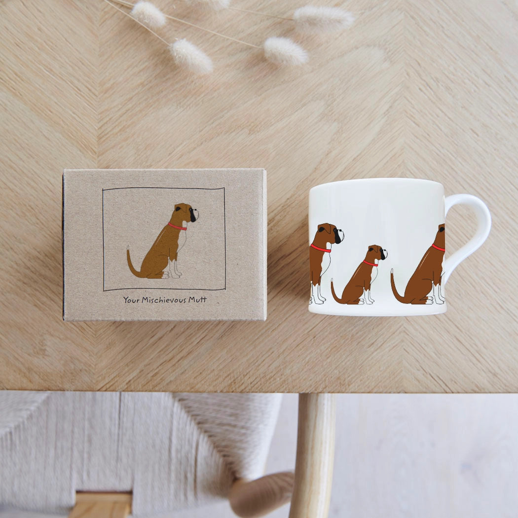 Sweet William Boxer Dog Mug with a cute Boxer dog illustration, designed by Cornucopia Home and Gift.