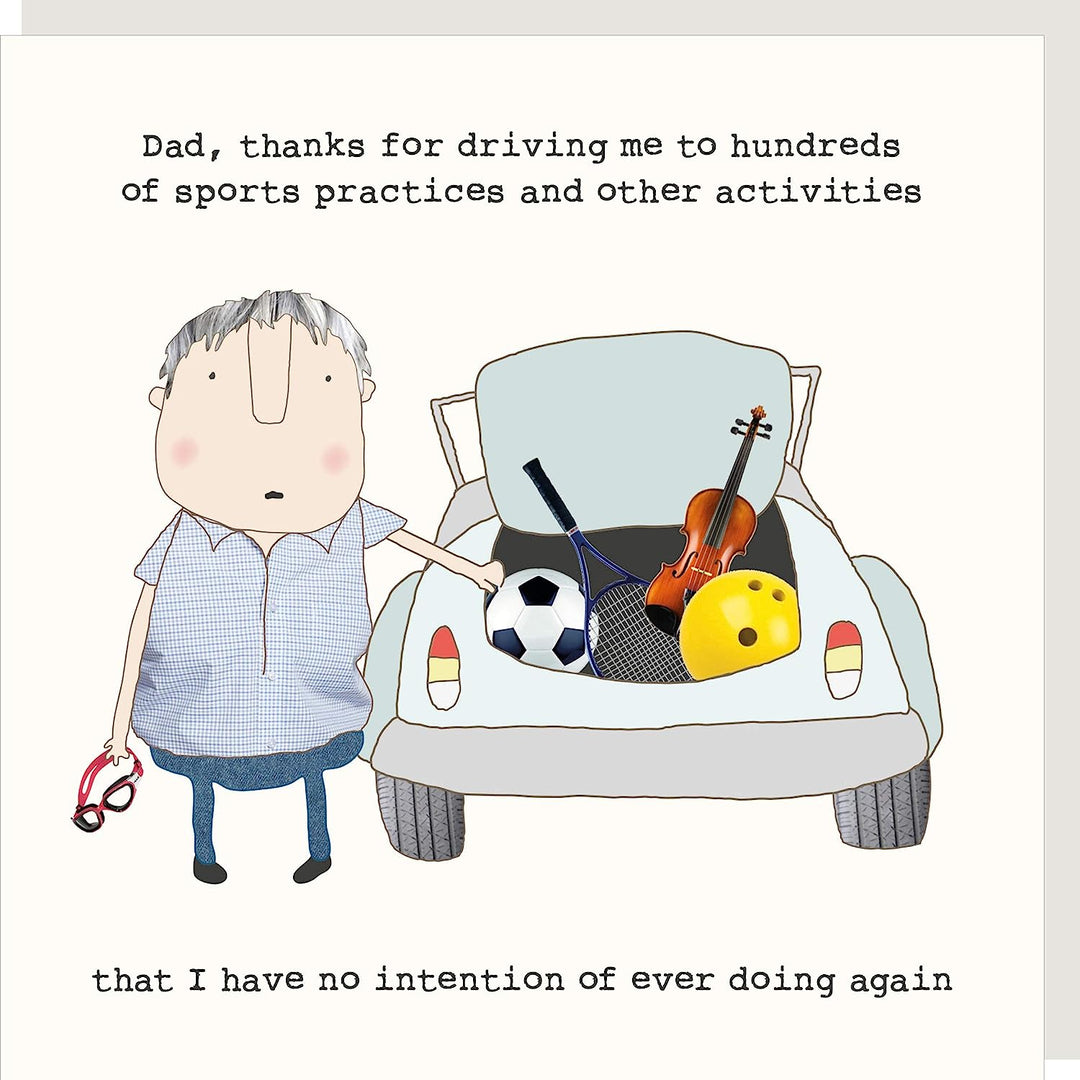 Driving Dad figurine by Rosie Made a Thing, displayed on a wooden surface with a rustic background.