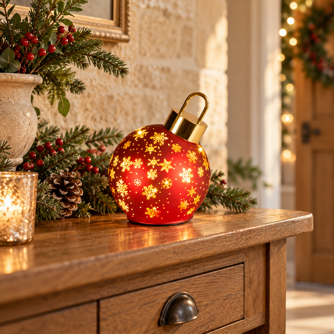Christmas Red Glass Rotating Micro LED Bauble - Battery Operated, 18cm