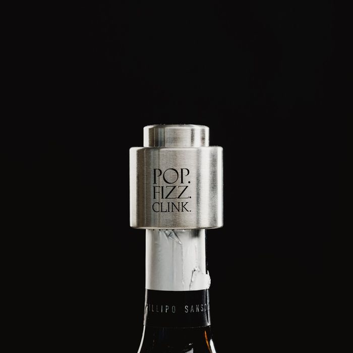 Selbrae House Pop Fizz Clink Prosecco stopper with black rubber seal and stainless steel top, designed to preserve sparkling wine.