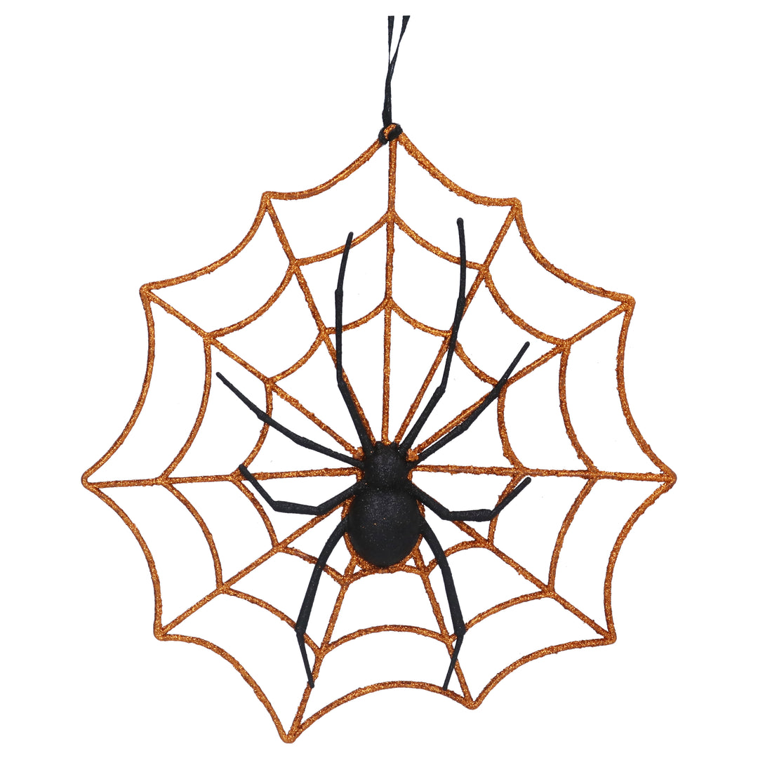 Gisela Graham Halloween spider on glitter web decoration, with a black spider perched on a sparkling web for spooky seasonal decor.