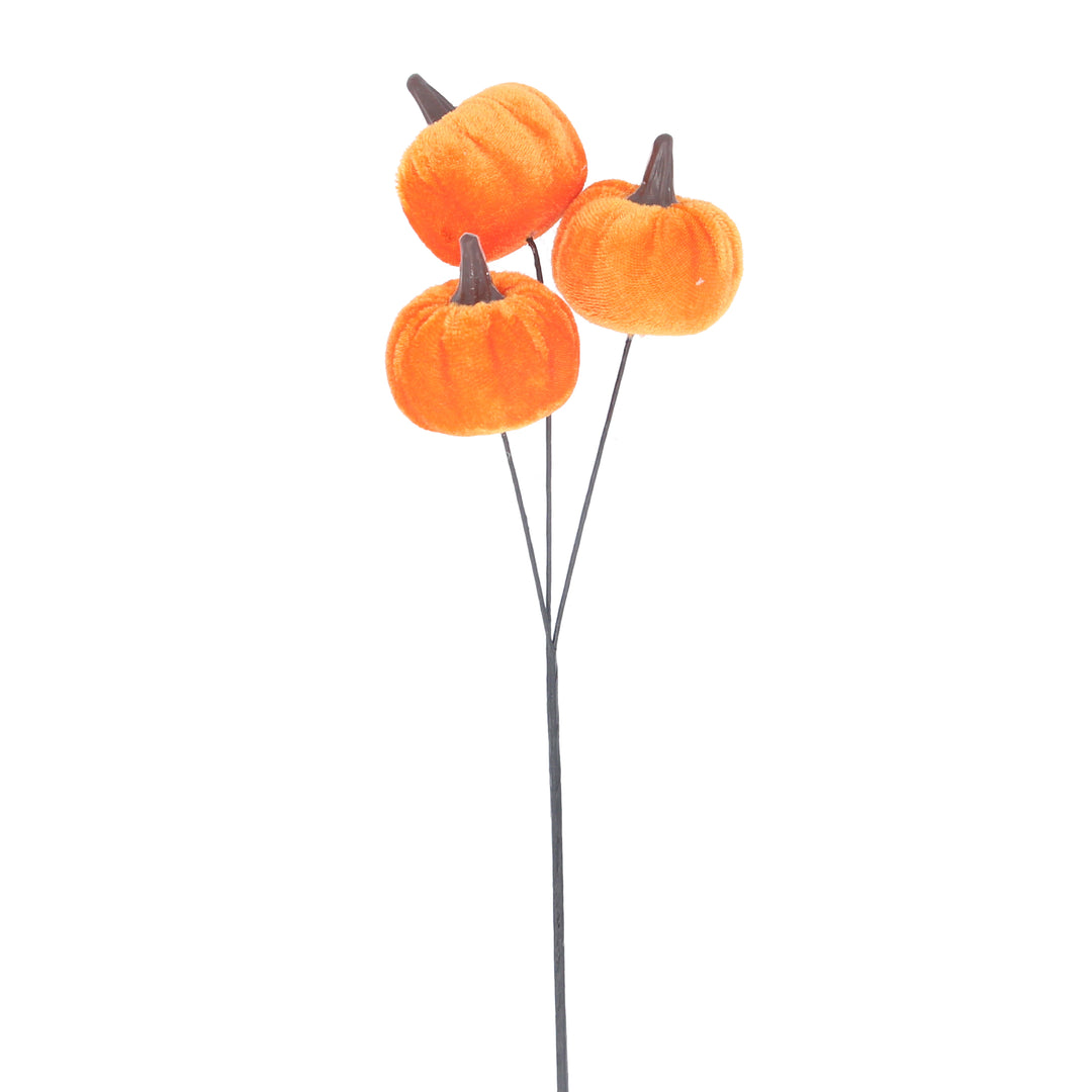 Orange plush triple pumpkin pick for Halloween by Gisela Graham, featuring soft fabric pumpkins on a decorative pick.