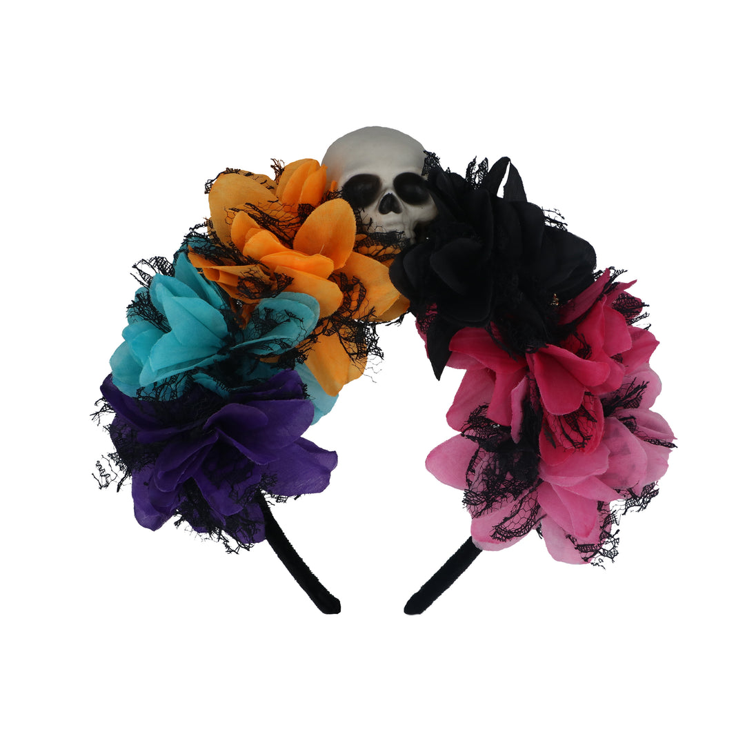 Gisela Graham Halloween fabric flower hairband with skull detail, stylish accessory for festive costumes and themed outfits.