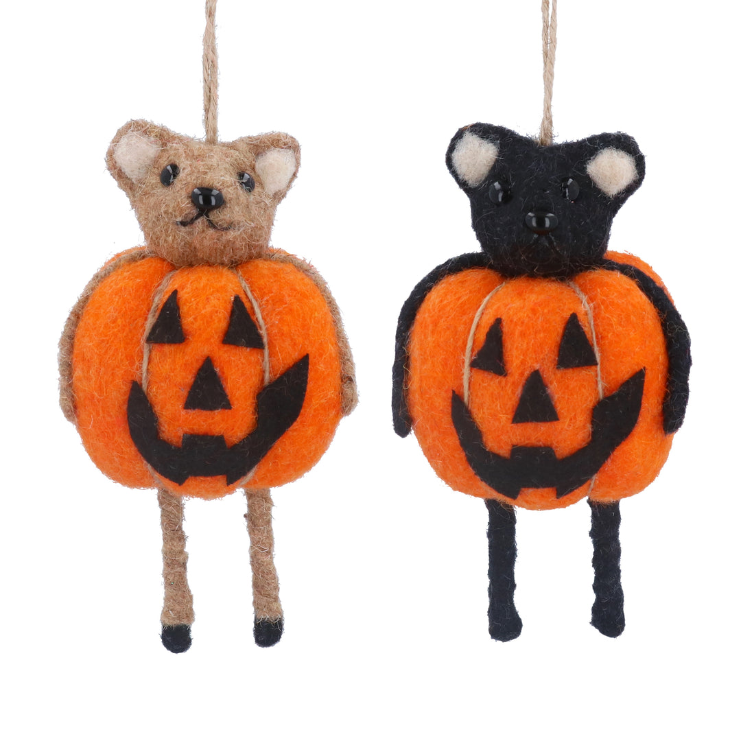 Mixed wool bear and pumpkin Halloween decorations by Gisela Graham featuring two assorted designs with cozy, textured wool details.