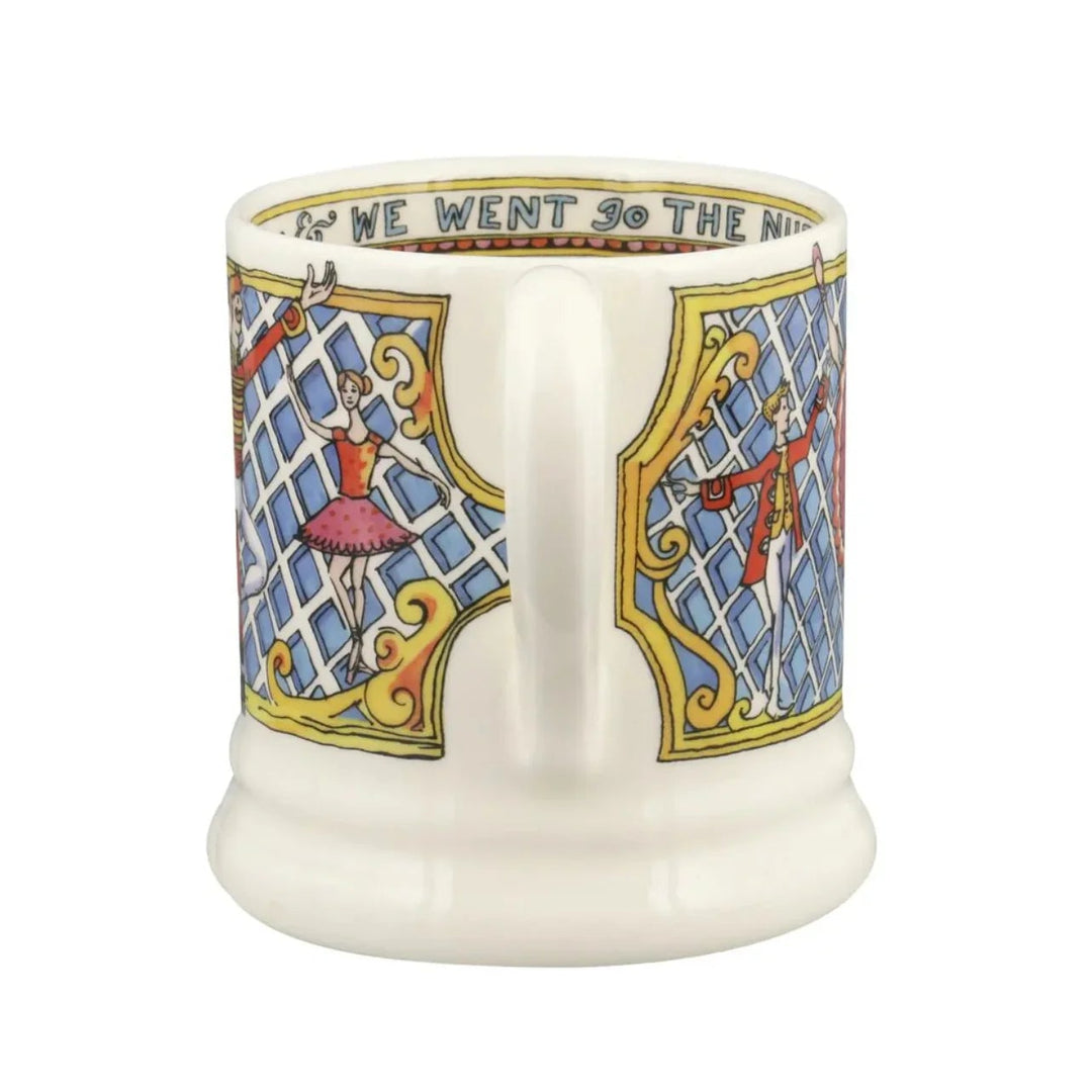 Emma Bridgewater Ballet Half Pint Mug featuring festive Christmas design with colorful ballet-themed patterns on white ceramic.