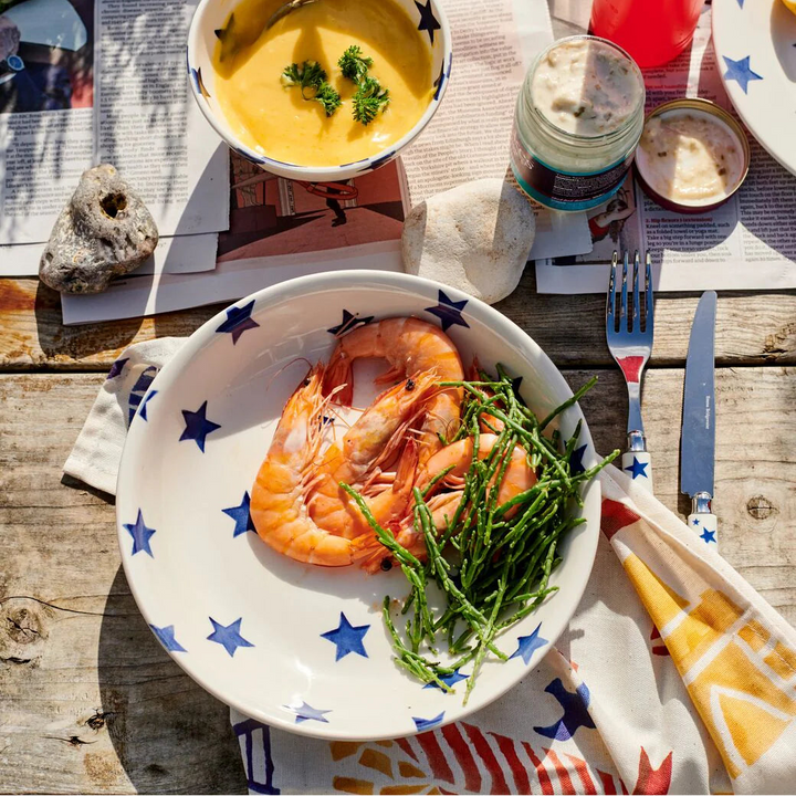 Emma Bridgewater Blue Star medium pasta bowl with a white background and blue star pattern, showcasing its smooth ceramic surface.