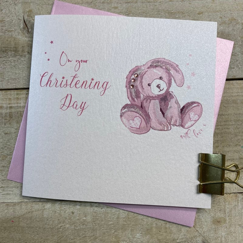 Pink bunny christening card featuring a cute bunny design on white cotton card stock from Cornucopia Home and Gift.