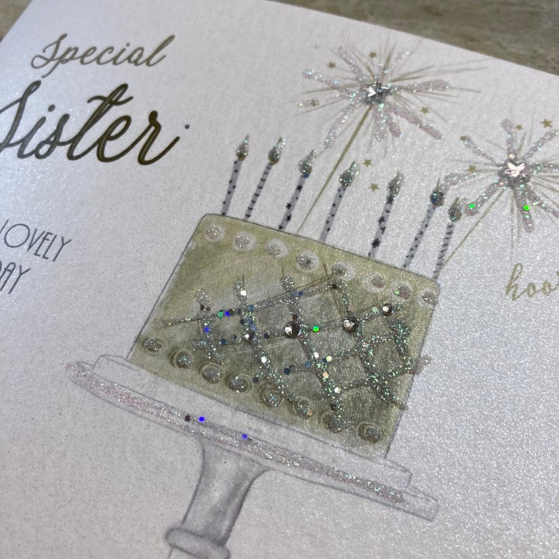 White cotton birthday card for sister by Cornucopia Home and Gift, featuring a simple, elegant design on a clean background.